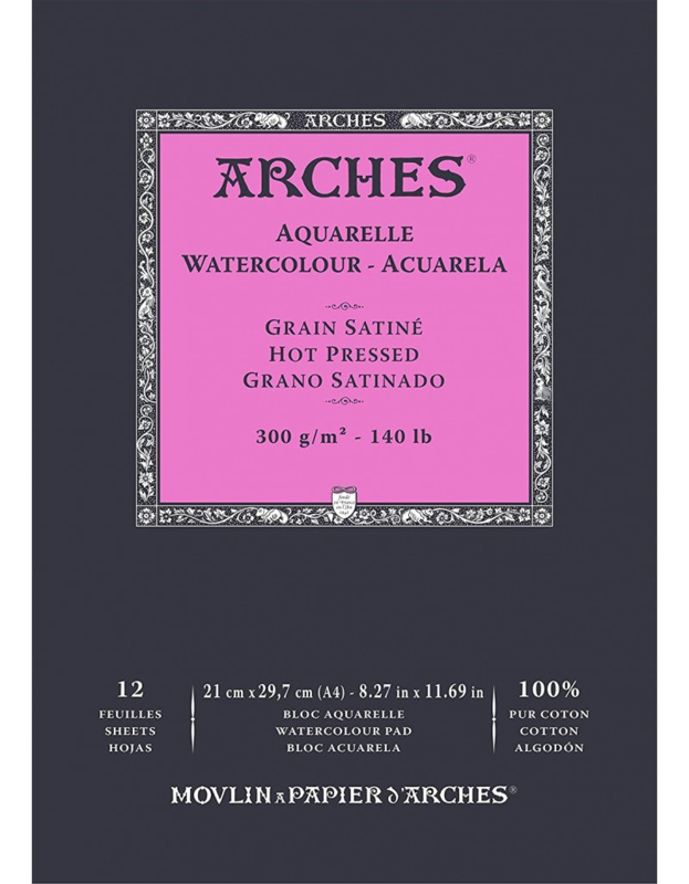 Arches Aquarelpapier - Hot pressed - 300 grams - 12 vellen - A4