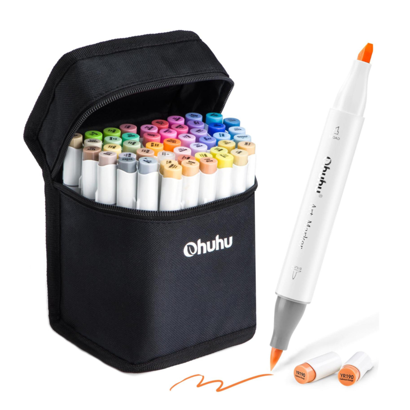 Ohuhu Alcohol based Art markers Brush & chisel - Mid-tone set van 48 + Blender + etui