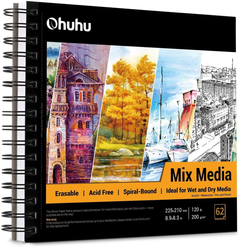 Ohuhu Mixed Media papier spiraalblok 22,5 x 21 cm - 200 grams - 62 vellen