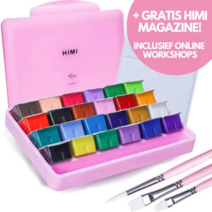 MIYA HIMI - Gouache - set van 24 kleuren x 30ml - in kunststof opbergbox roze + penselenset - Set van 3 - Roze