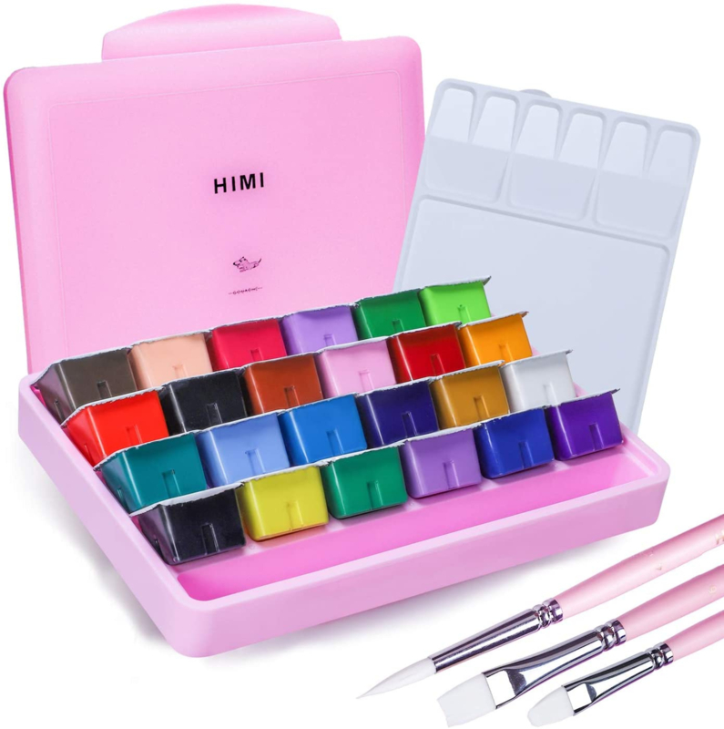 MIYA HIMI - Gouache - set van 24 kleuren x 30ml - in kunststof opbergbox roze + penselenset - Set van 3 - Roze
