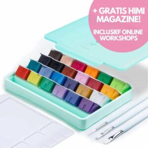 MIYA HIMI - Gouache - set van 24 kleuren x 30ml - in kunststof opbergbox groen +  penselenset - Set van 3 - Groen