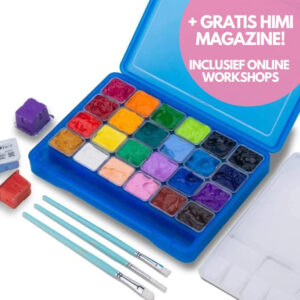 MIYA HIMI - Gouache - set van 24 kleuren x 30ml - in kunststof opbergbox blauw + penselenset - Set van 3 - Blauw