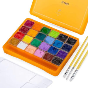 MIYA HIMI - Gouache - set van 24 kleuren x 30ml - in kunststof opbergbox oranje  + penselenset - Set van 3 - Geel