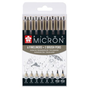 Sakura Pigma Micron set 6 Fineliners + 2 Brushpennen - Grijs