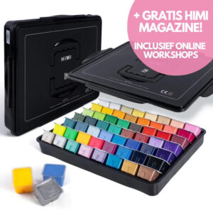 NEW MIYA HIMI - Gouache - set van 56 kleuren x 30ml - in kunststof opbergbox zwart - incl. Neon en Metallic kleuren