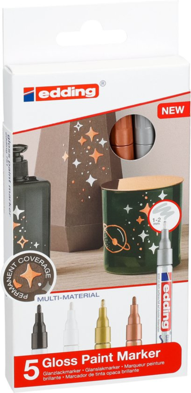 Edding Glanslak-markers 751 - Goud, zilver, koper, wit en zwart - set van 5