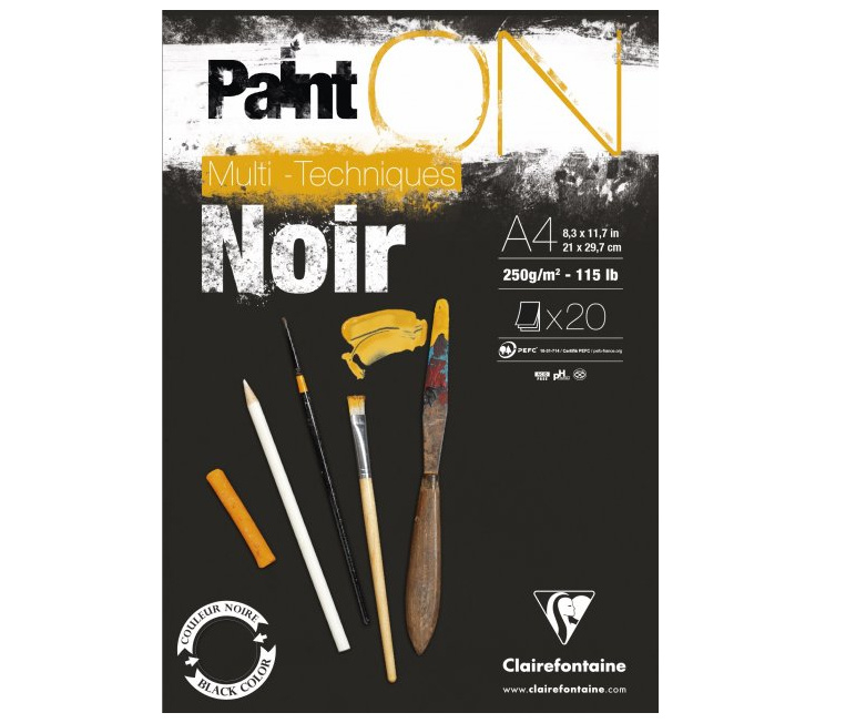 Clairefontaine Paint-ON Multi-Technique mixed media A4 - 20 vellen - 250 gram - zwart papier