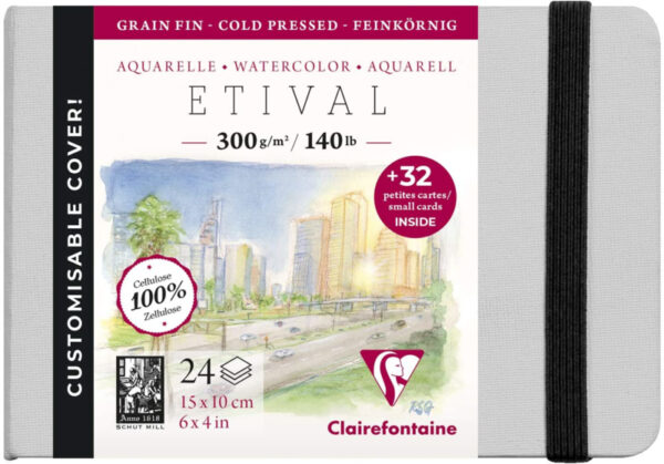 Clairefontaine Etival Aquarelpapier boek - 15 x 10 cm - 24 vellen 300 grams  - cold pressed + 32 afneembare kaartjes