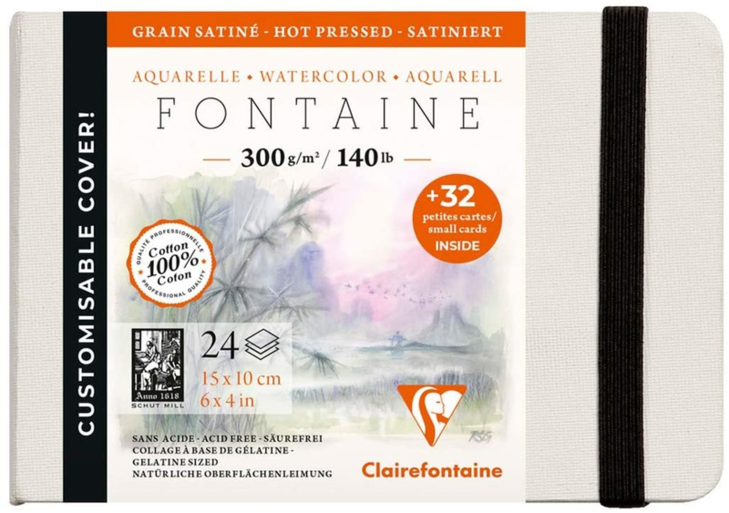 Clairefontaine Etival Aquarelpapier boek - 15 x 10 cm - 24 vellen 300 grams  - hot pressed  + 32 afneembare visitekaartjes