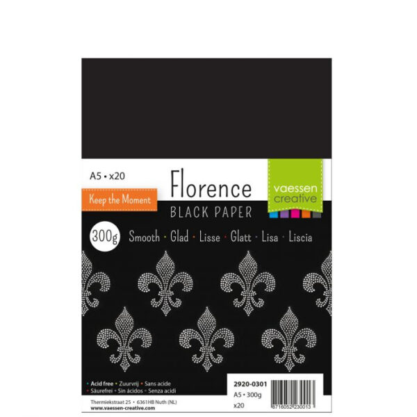 Florence Black Paper Smooth A5 - 20 vellen - 300 grams - zwart papier