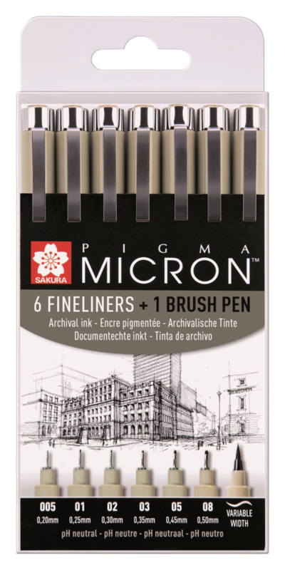 Sakura Pigma Micron 6 Fineliners Zwart + extra Brush pen