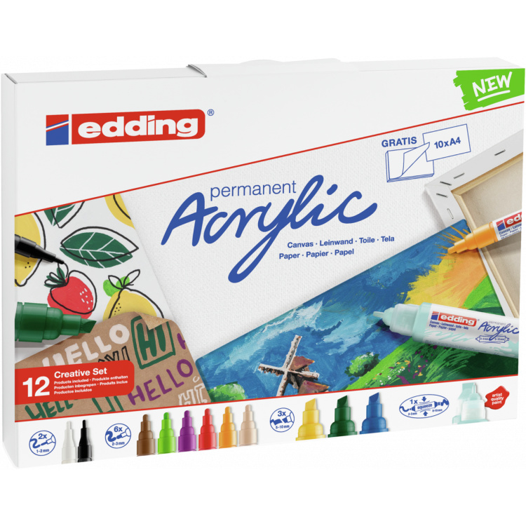 Edding Acrylmarker creative set basis - set van 12 + A4 acrylblok