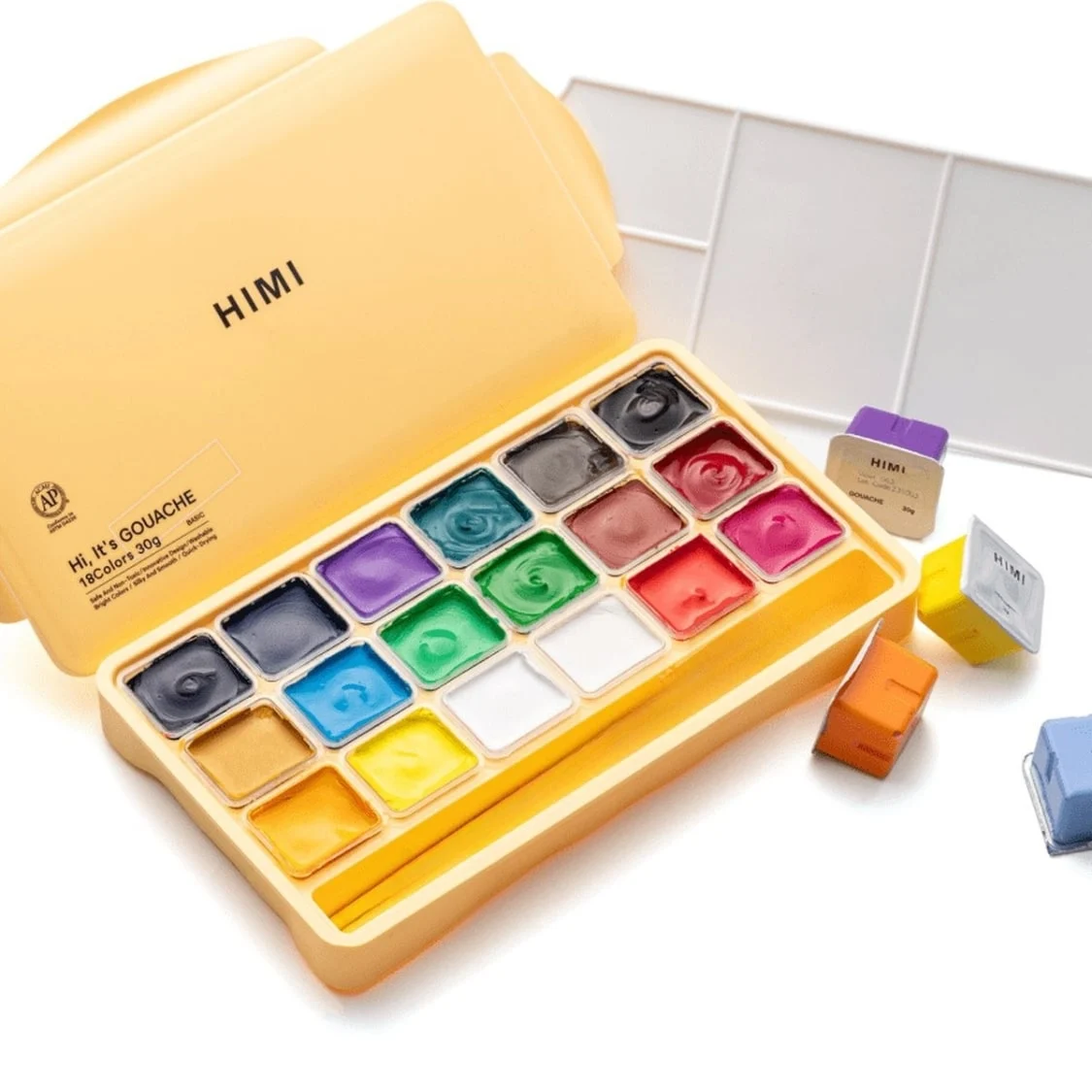 HIMI Gouache - 18 kleuren x 30gr - in kunststof opbergbox geel