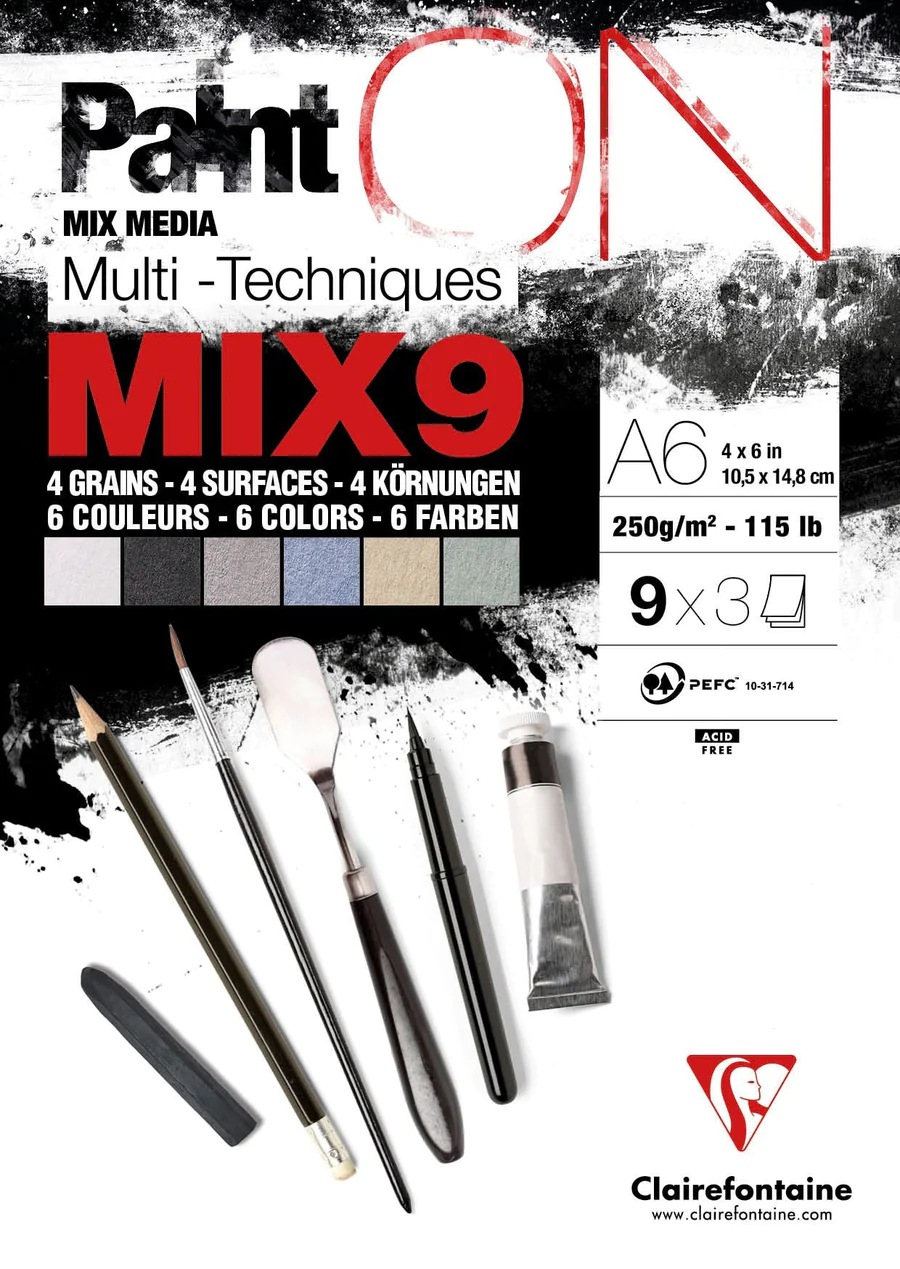 paint-on-mix-media-9-paper-pad-clairefontaine-colorful-A6-250g-27-sheets Clairefontaine Paint ON mixed media A6 - 9 x 3 vellen - 250 grams - MIX9 - Afbeelding 1