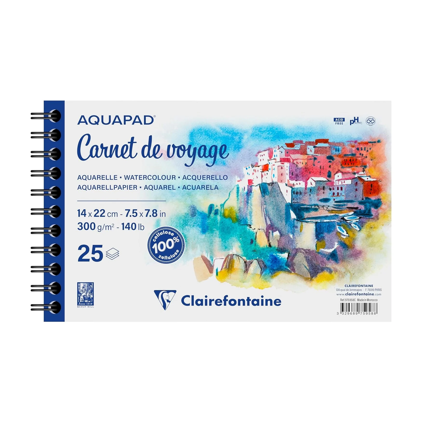 Clairefontaine Aquapad spiraalblok 14x22cm - 25 vellen 300g wit