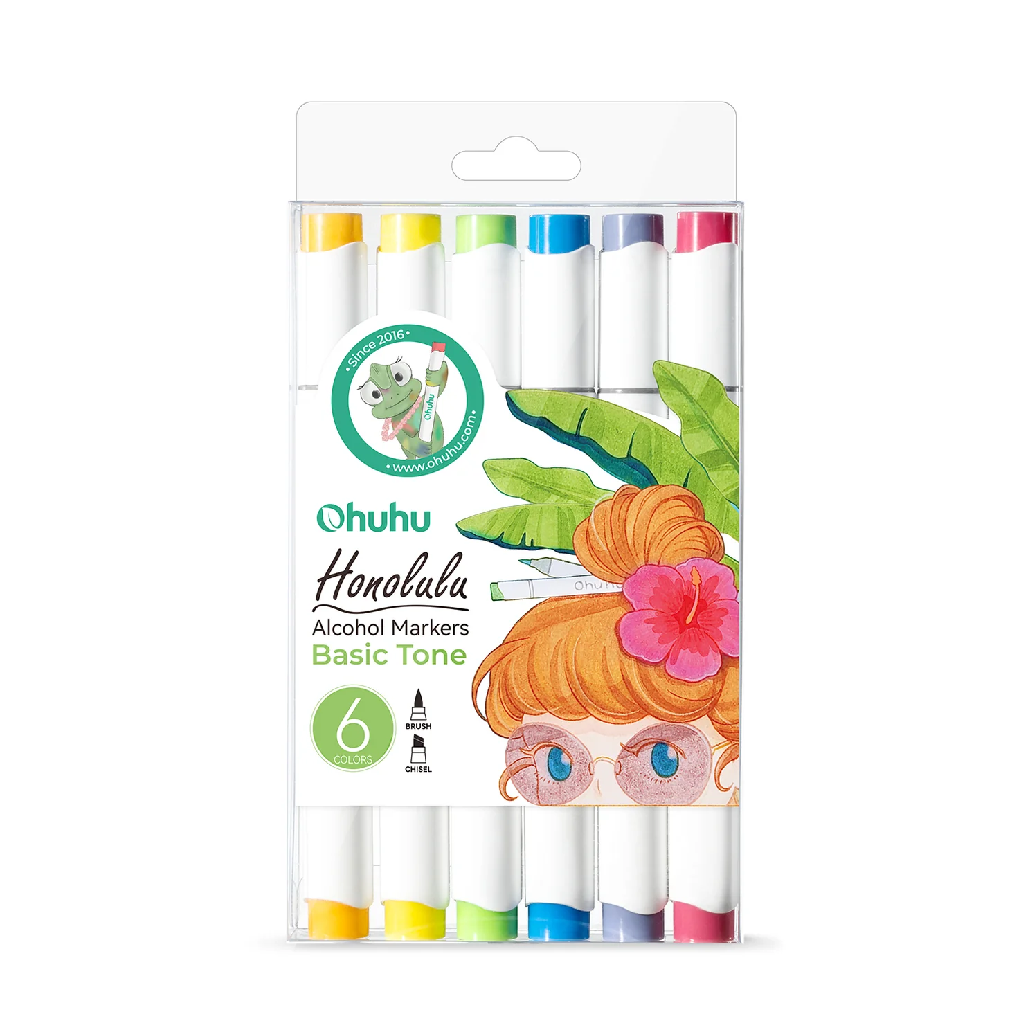 Ohuhu Honolulu 6 Colors Dual Tips Alcohol Art Markers Brush & Chisel Basic Tone Colors