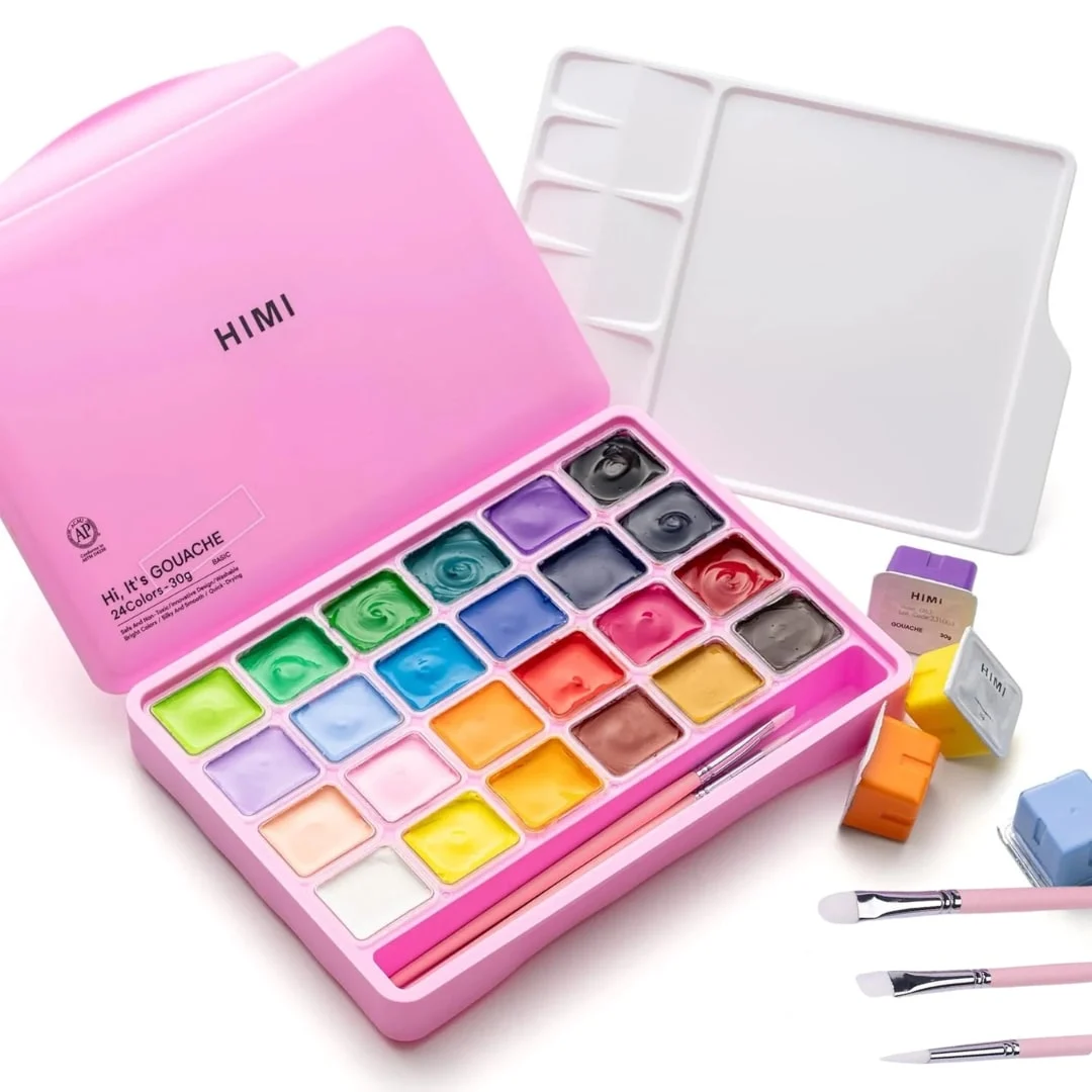 HIMI Gouache - set van 24 kleuren x 30g - in kunststof opbergbox roze + 3 penselen