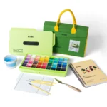 HIMI Gouache van 72 kleuren 12g - Twin split cups + 3 penselen + gouache pad + paletmes + mengpalet + mini opvouwbare beker + vilten tas