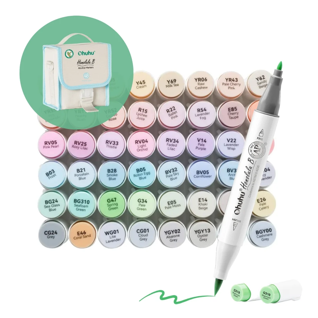 Ohuhu Honolulu B 48 kleuren Pastel Alcohol Art Markers Brush & Fine Sweetness - grijze etui