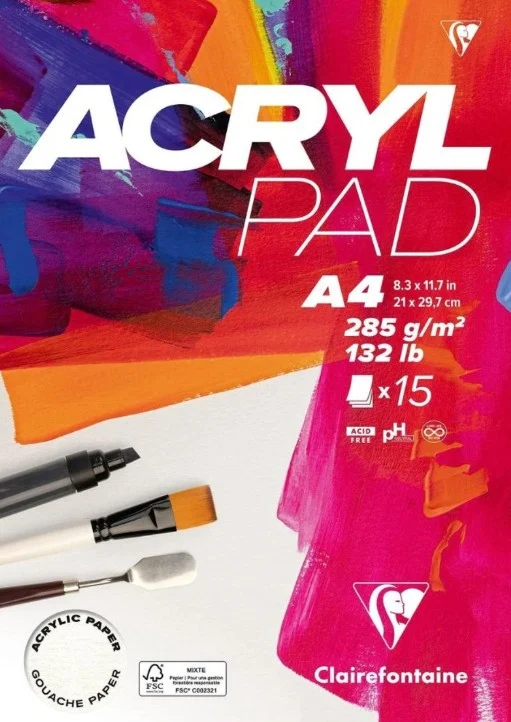Clairefontaine Acryl Pad - Acrylpapier - Acrylblok - A4 - 285g - 15 vel