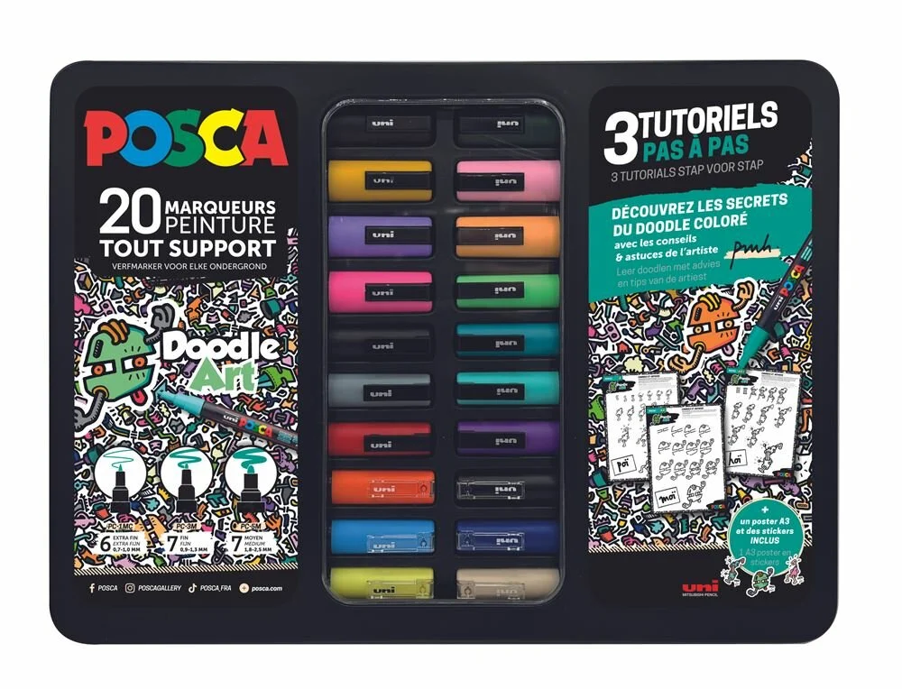 Uni Posca Paint Marker, metalen koffer, Doodle