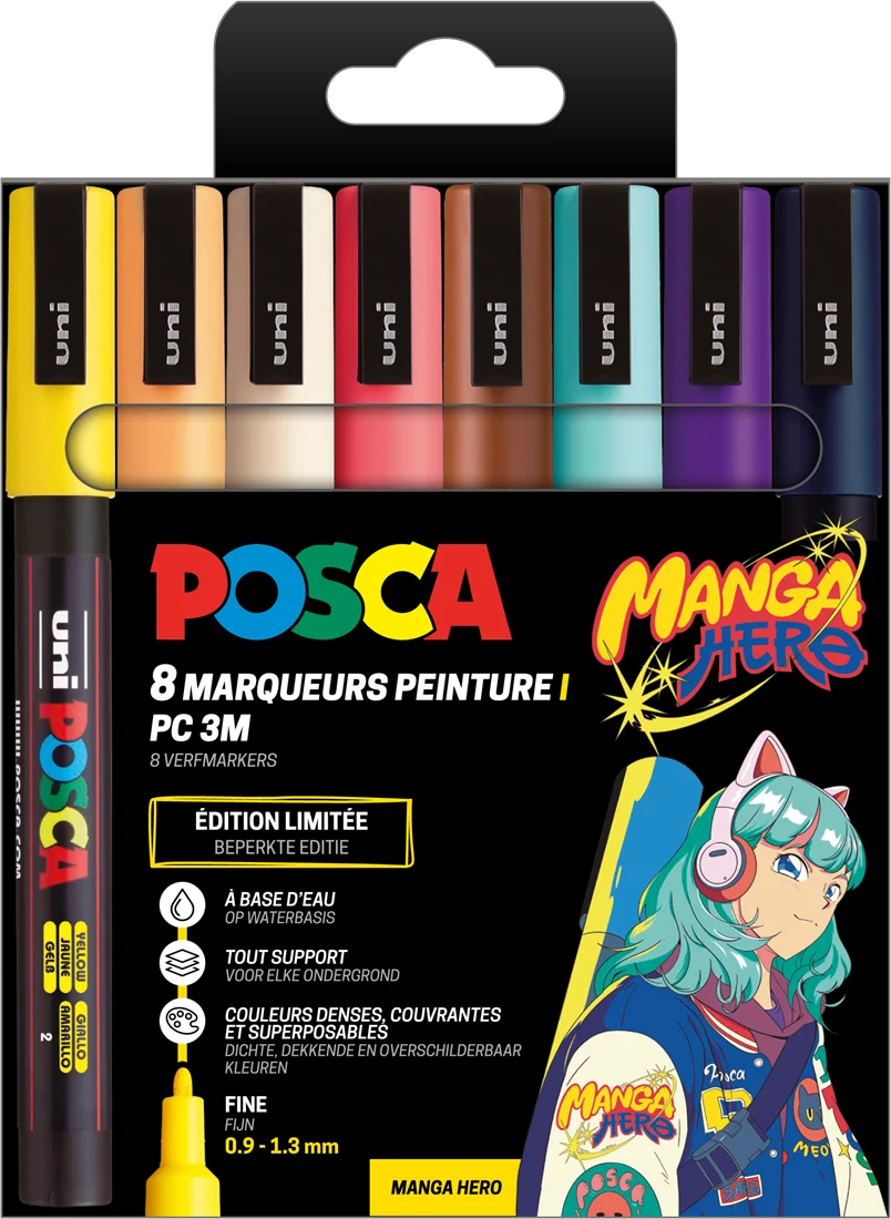 Uni Posca Markers PC3M Set 8 Stuk Manga Hero voorkant