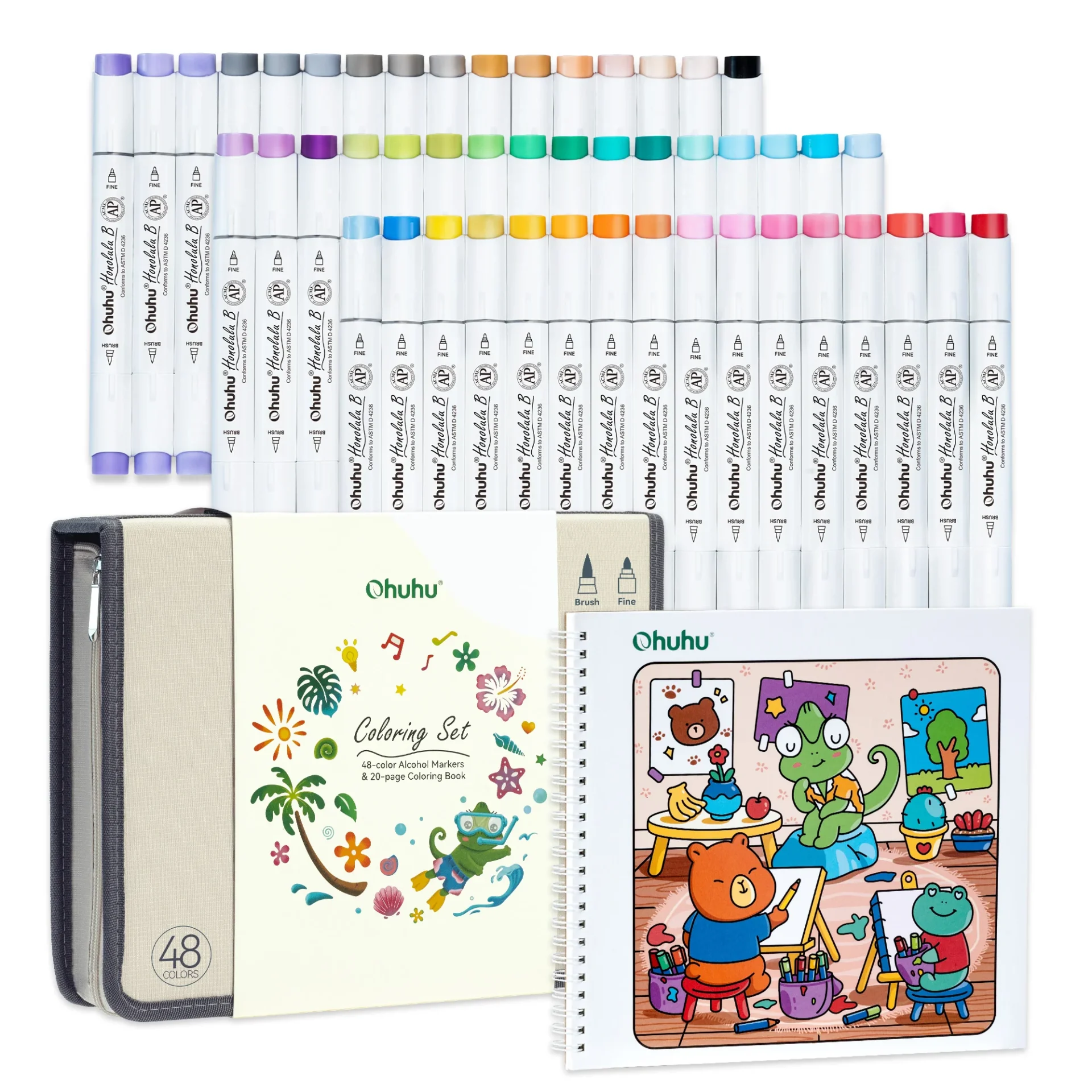 Ohuhu Coloring set - Honolulu B 48 kleuren Alcohol Art Markers Brush & Fine + kleurboek